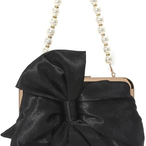 Black Silk Bow Clutch Purse for Women - Trendy Evening Handbag with Pearl & Chai - Picture 1 of 7